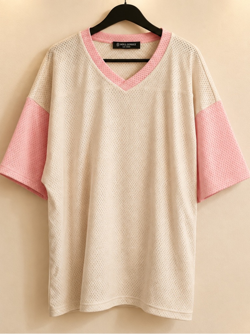 Holloway Beige Mesh V-Neck Tee with Pink Trim